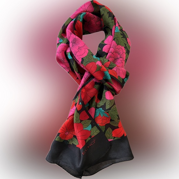 3️⃣🧣Lot of 3 Silk Scarves by ECHO | Oblong | Solid Black/Black Floral/Pastel - Picture 4 of 17